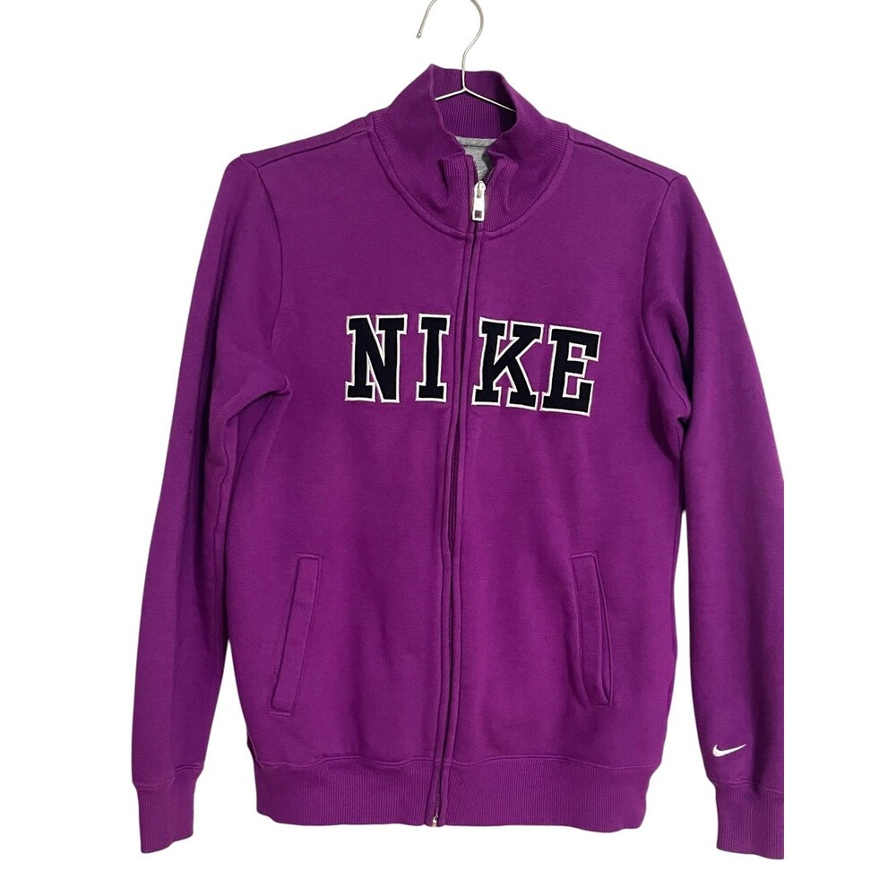 NIKE Women's Purple Full Zip Varsity Spellout Mock Neck Sweatshirt Size M Yoga